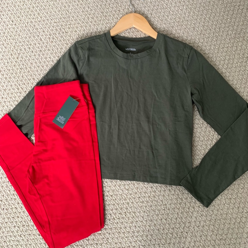 🆕 Wild Fable 2pc cotton green red long sleeve top leggings pants